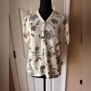 Alfred Dunner Cream Knit Cardigan with Floral Pattern